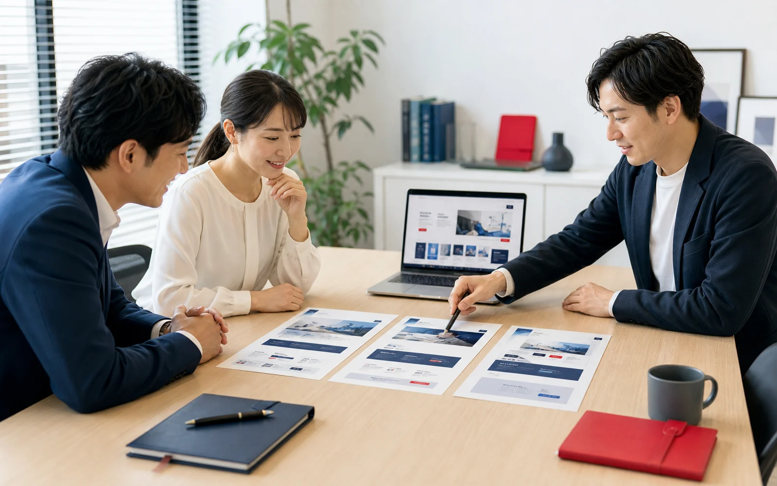 トップページ、サービス紹介、問い合わせの3ページを相談しながら整理している様子